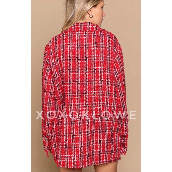 POL Red Tweed Blazer Plaid Print Relaxed Fit - Picture 7 of 16